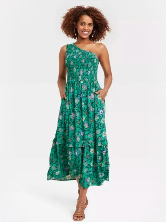 Knox Rose Dresses & Skirts - Knox Rose XXL Green Floral One Shoulder Smocked Tiered Boho Maxi Dress Rayon